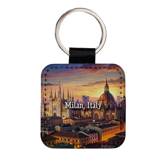 Milan, Italy Travel City Country Stamp Square Faux Leather Keychain