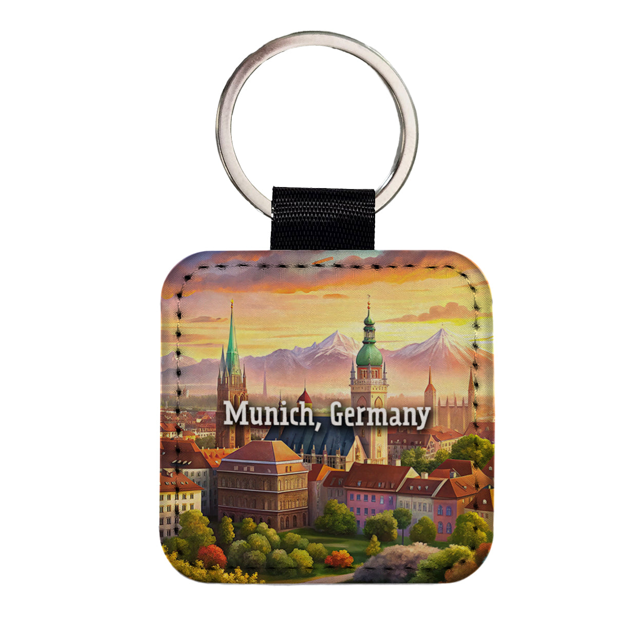 Munich, Germany Travel City Country Stamp Square Faux Leather Keychain