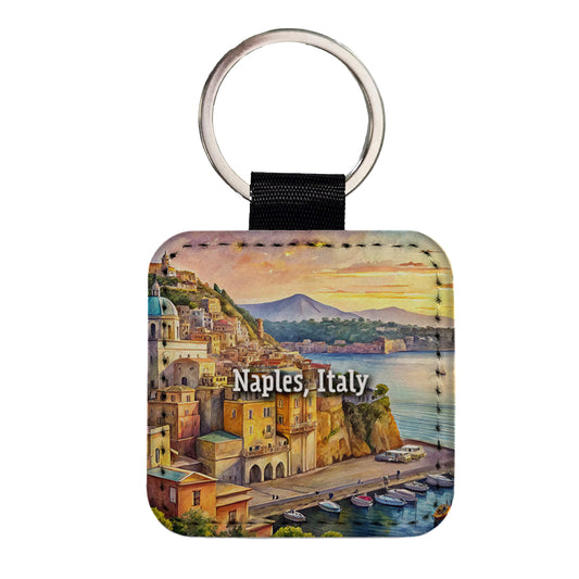 Naples, Italy Travel City Country Stamp Square Faux Leather Keychain