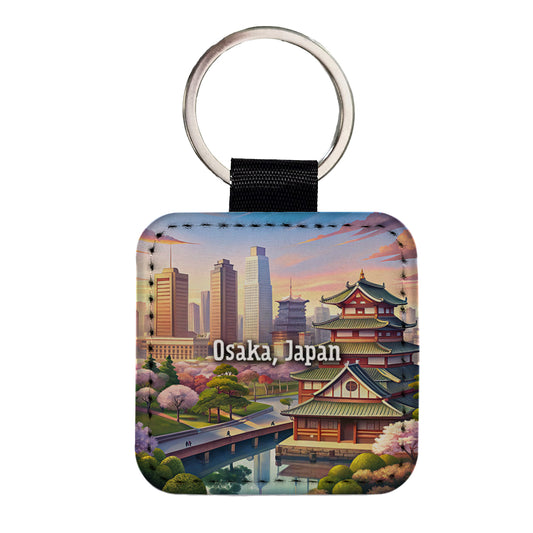 Osaka, Japan Travel City Country Stamp Square Faux Leather Keychain