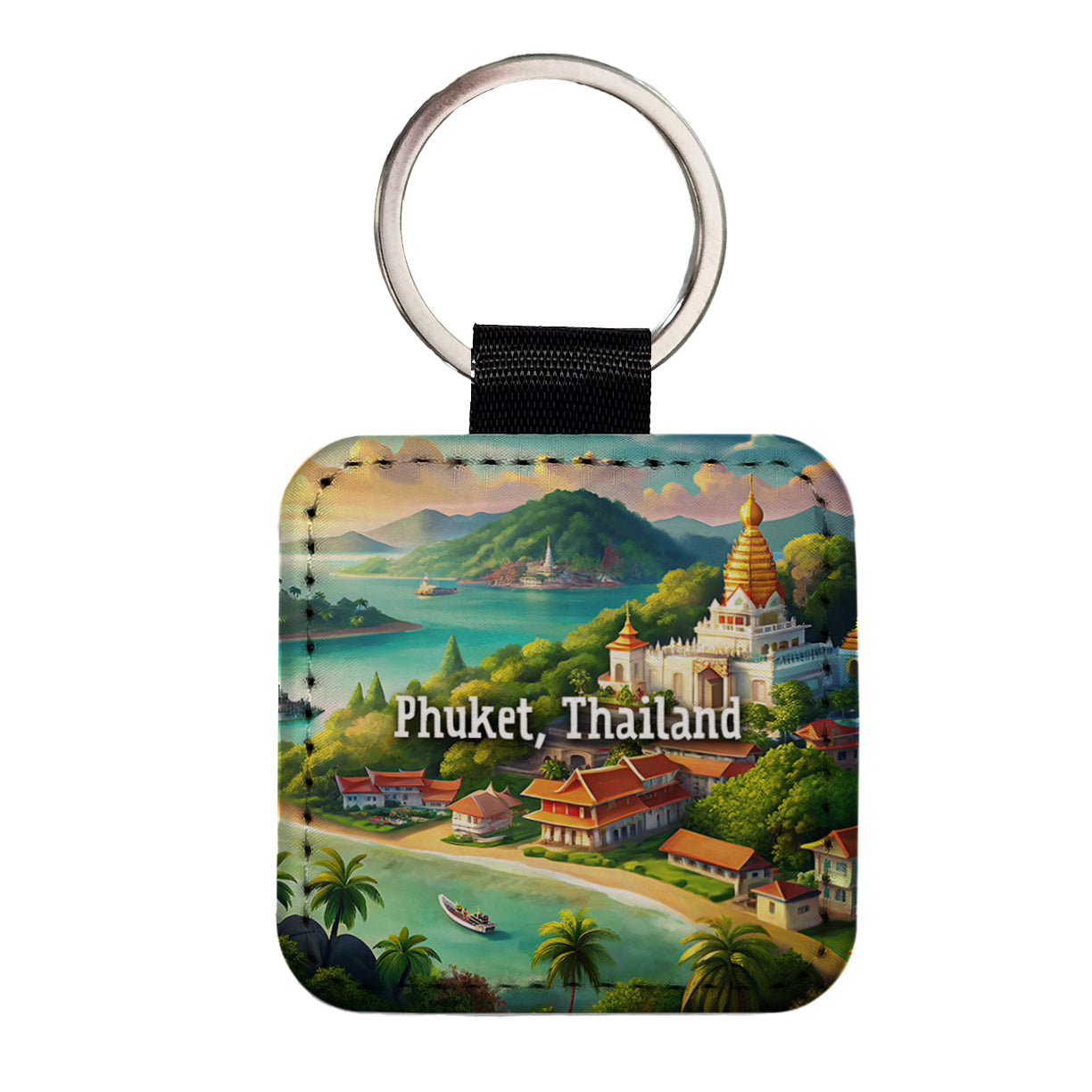 Phuket, Thailand Travel City Country Stamp Square Faux Leather Keychain