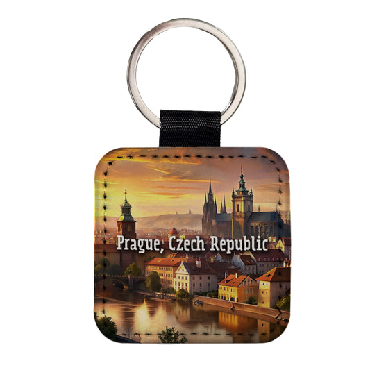 Prague, Czech Republic Travel City Country Stamp Square Faux Leather Keychain