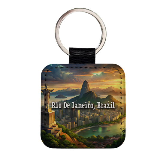 Rio De Janeiro, Brazil Travel City Country Stamp Square Faux Leather Keychain