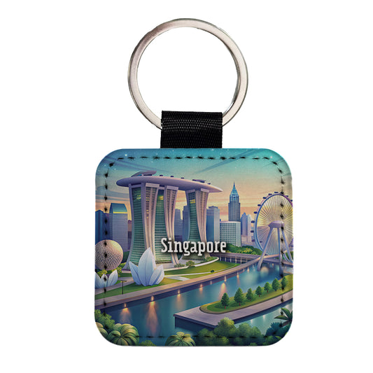 Singapore Travel City Country Stamp Square Faux Leather Keychain