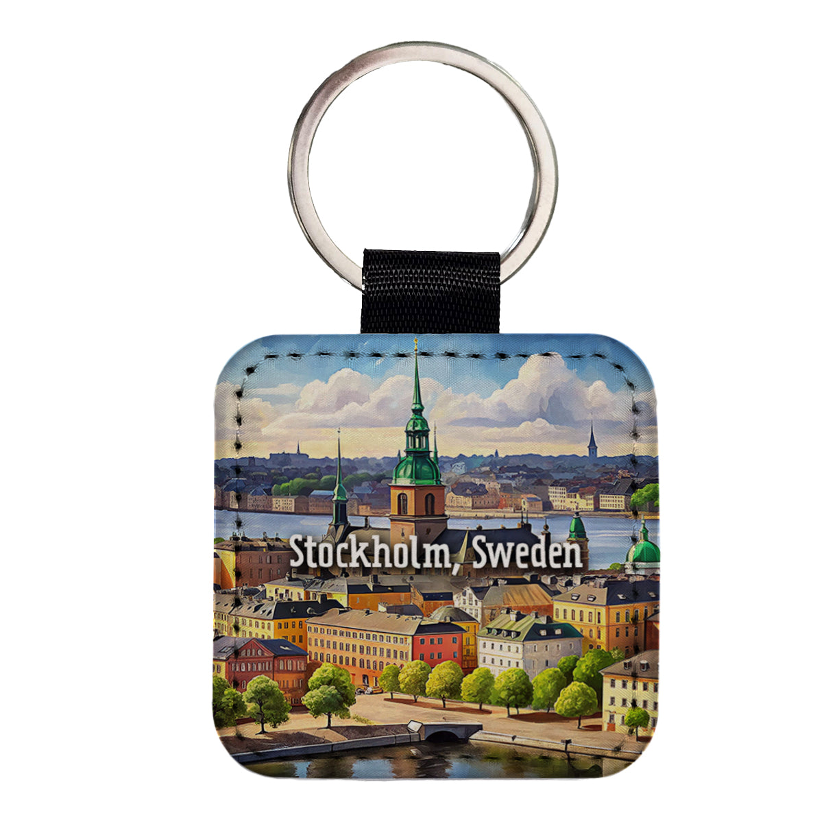 Stockholm, Sweden Travel City Country Stamp Square Faux Leather Keychain