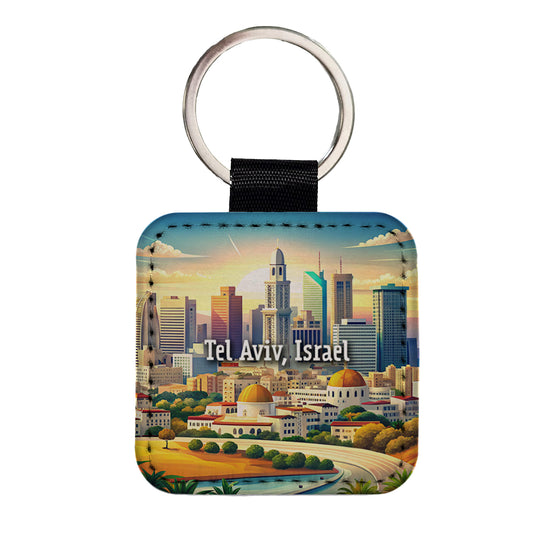 Tel Aviv, Israel Travel City Country Stamp Square Faux Leather Keychain