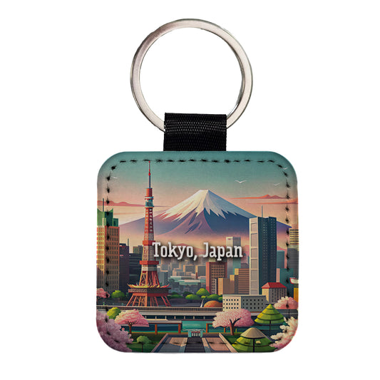 Tokyo, Japan Travel City Country Stamp Square Faux Leather Keychain