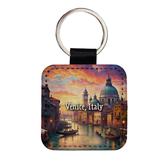 Venice, Italy Travel City Country Stamp Square Faux Leather Keychain