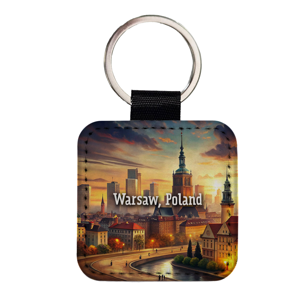Warsaw, Poland Travel City Country Stamp Square Faux Leather Keychain