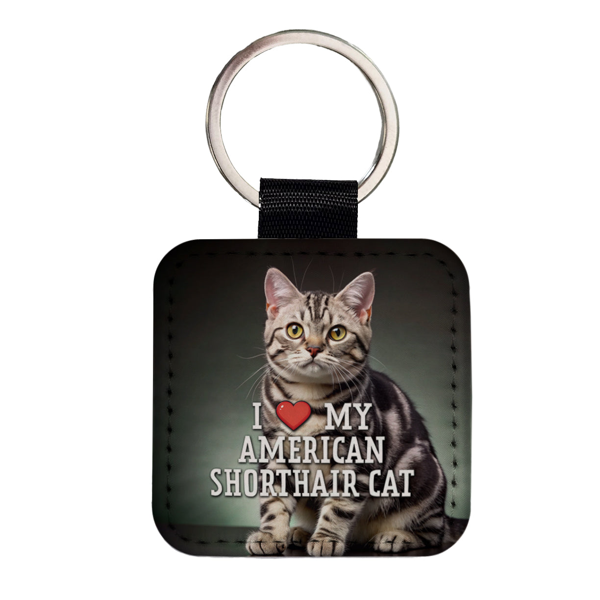 I Love My American Shorthair Cat Heart Square Faux Leather Keychain