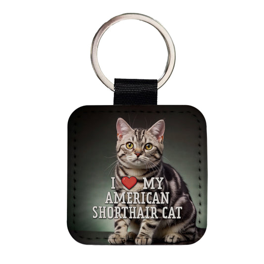 I Love My American Shorthair Cat Heart Square Faux Leather Keychain