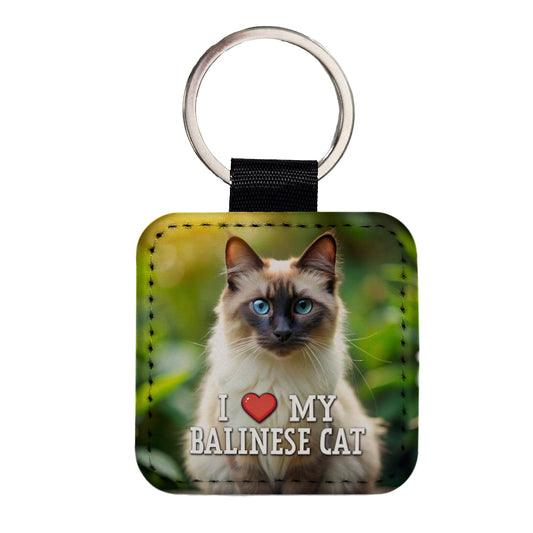 I Love My Balinese Cat Heart Square Faux Leather Keychain
