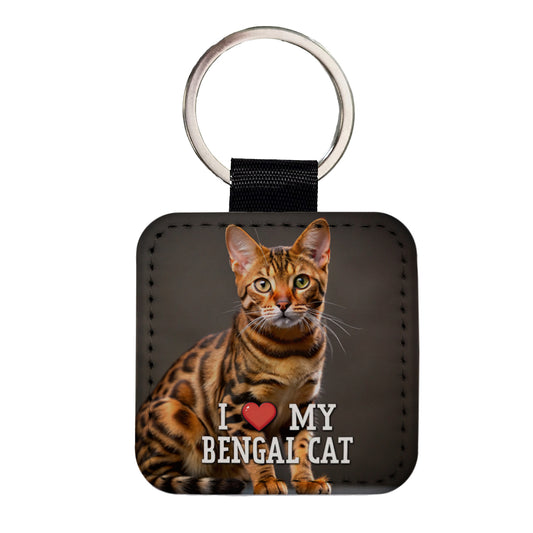 I Love My Bengal Cat Heart Square Faux Leather Keychain