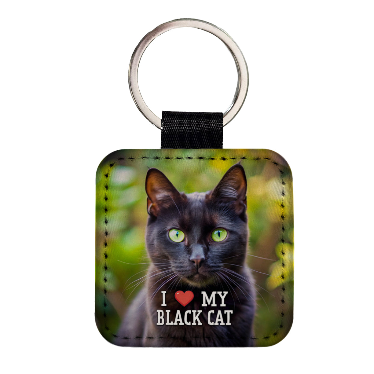 I Love My Black Cat Heart Square Faux Leather Keychain