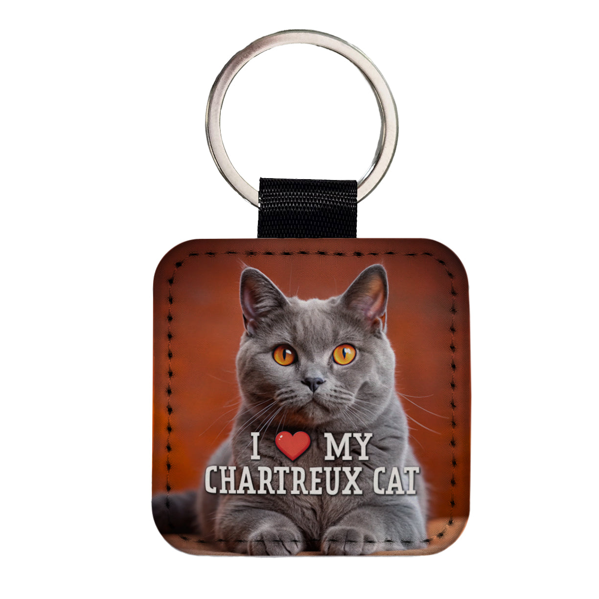 I Love My Chartreux Cat Heart Square Faux Leather Keychain