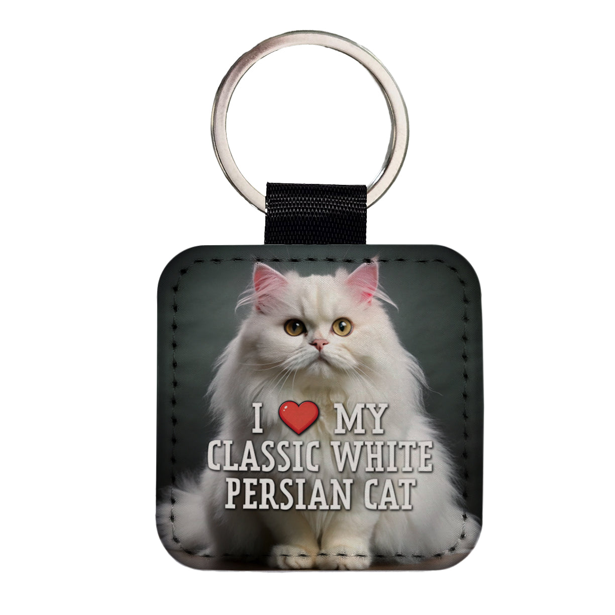 I Love My Classic White Persian Cat Heart Square Faux Leather Keychain