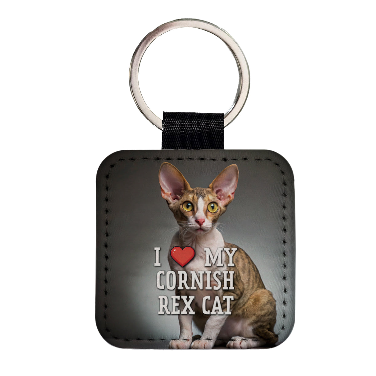 I Love My Cornish Rex Cat Heart Square Faux Leather Keychain