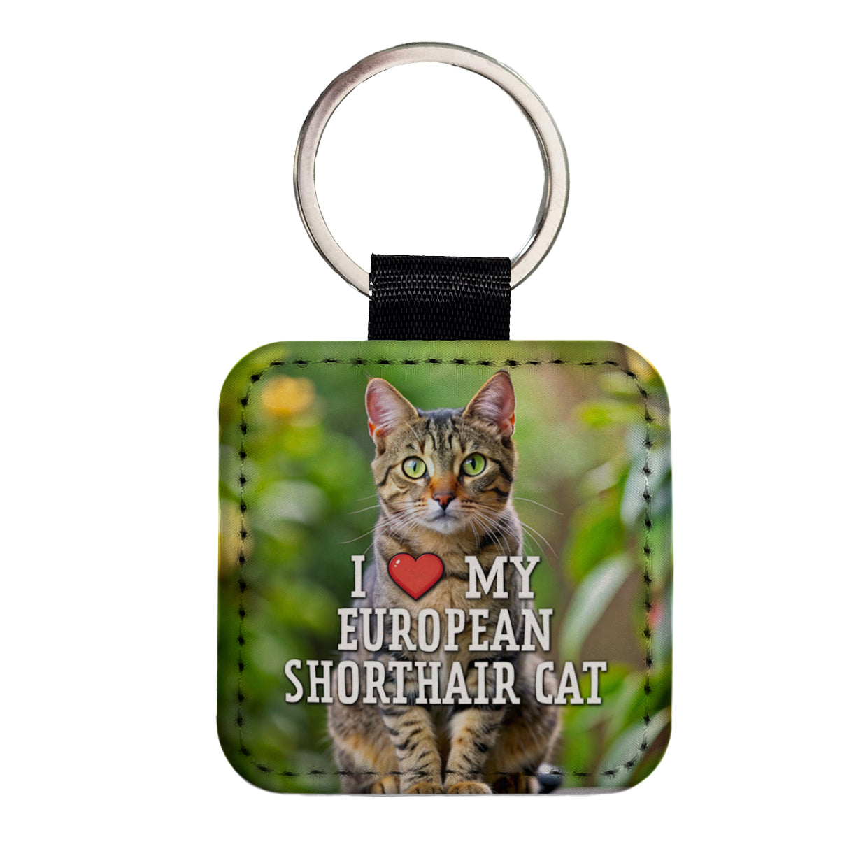 I Love My European Shorthair Cat Heart Square Faux Leather Keychain