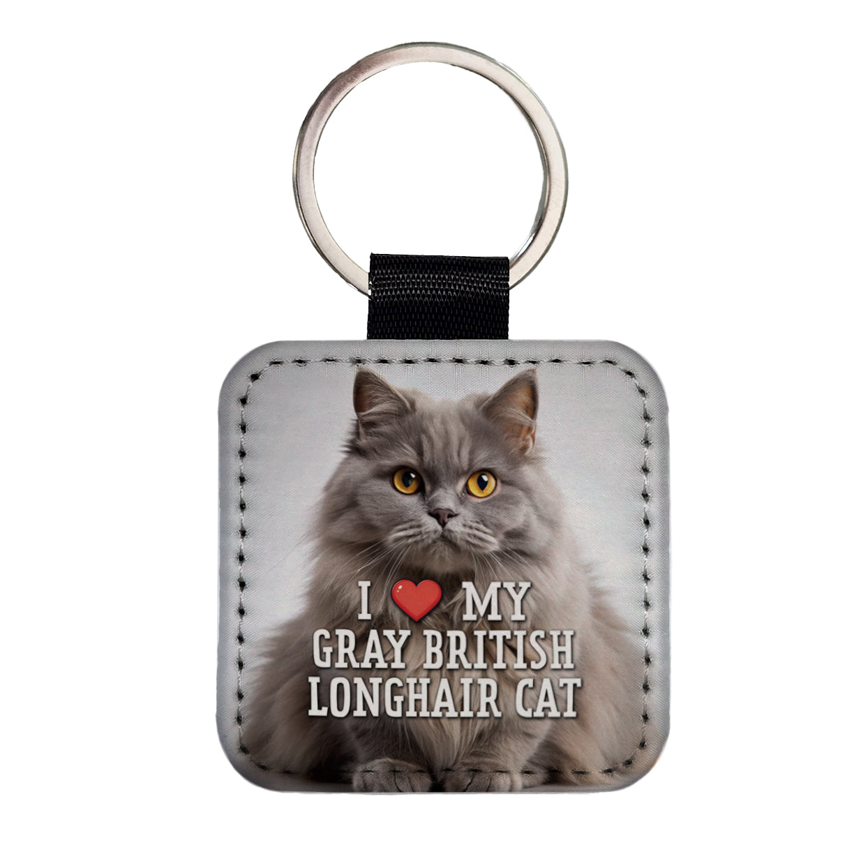 I Love My Gray British Longhair Cat Heart Square Faux Leather Keychain
