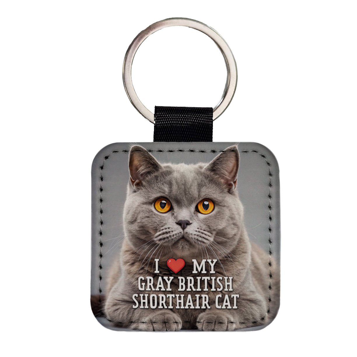 I Love My Gray British Shorthair Cat Heart Square Faux Leather Keychain