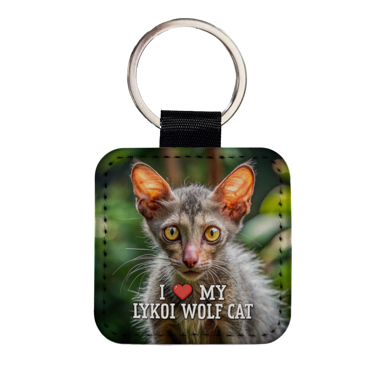 I Love My Lykoi Wolf Cat Heart Square Faux Leather Keychain