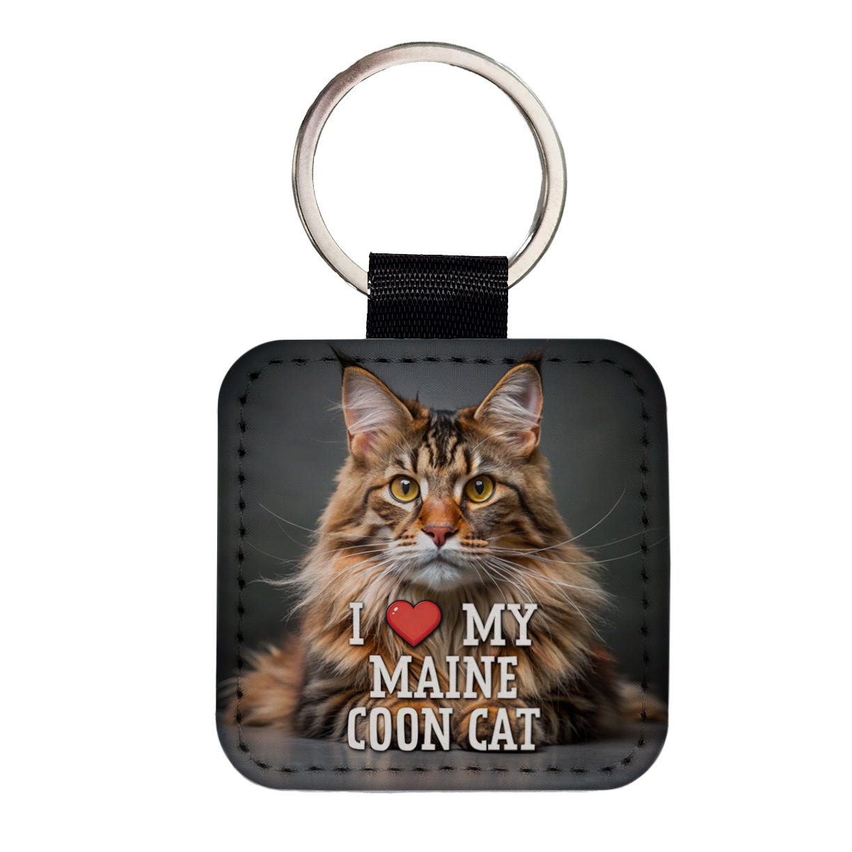 I Love My Maine Coon Cat Heart Square Faux Leather Keychain