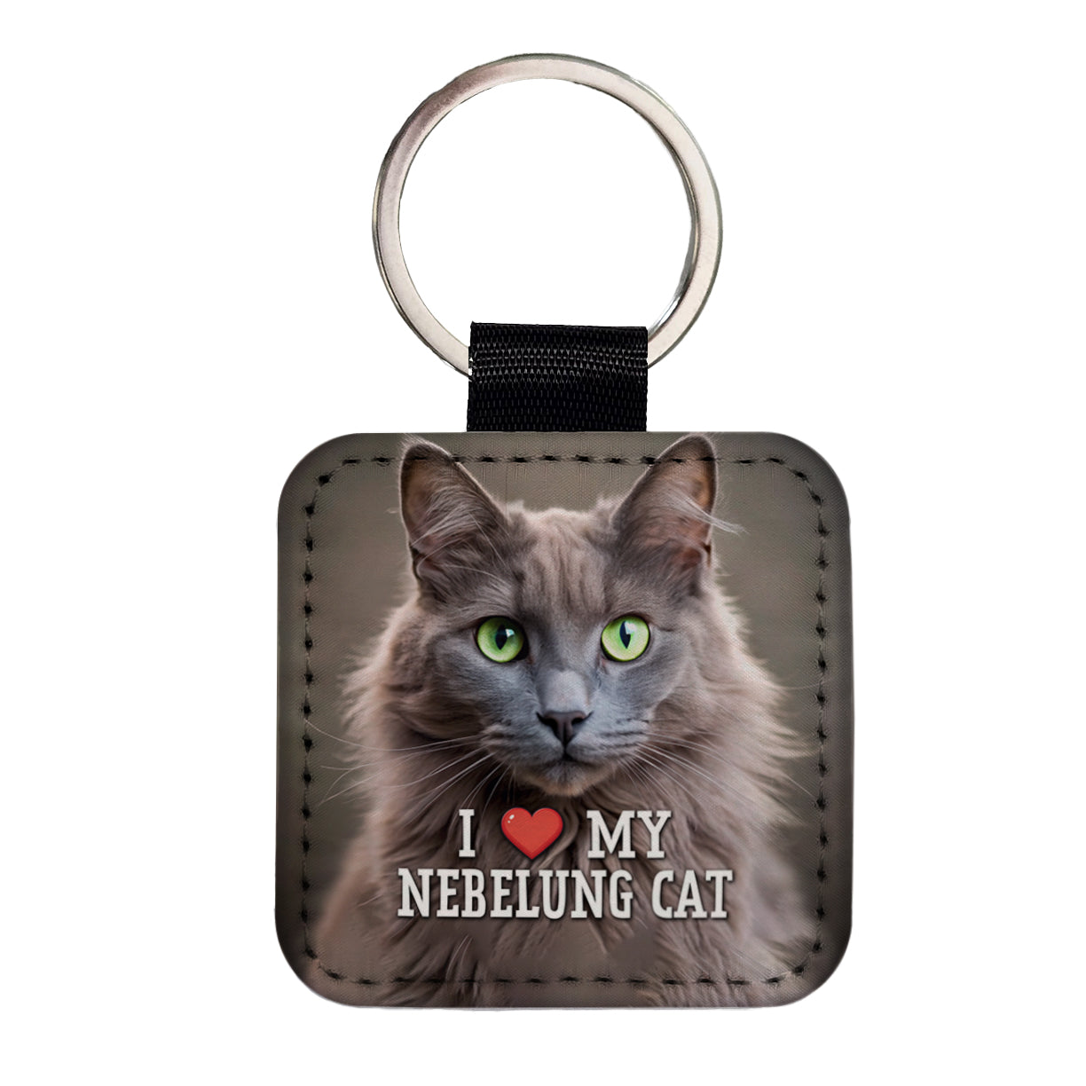 I Love My Nebelung Cat Heart Square Faux Leather Keychain