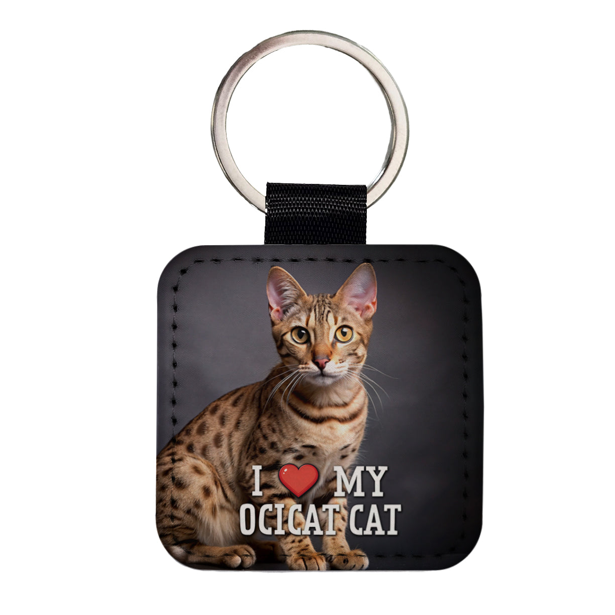 I Love My Ocicat Cat Heart Square Faux Leather Keychain