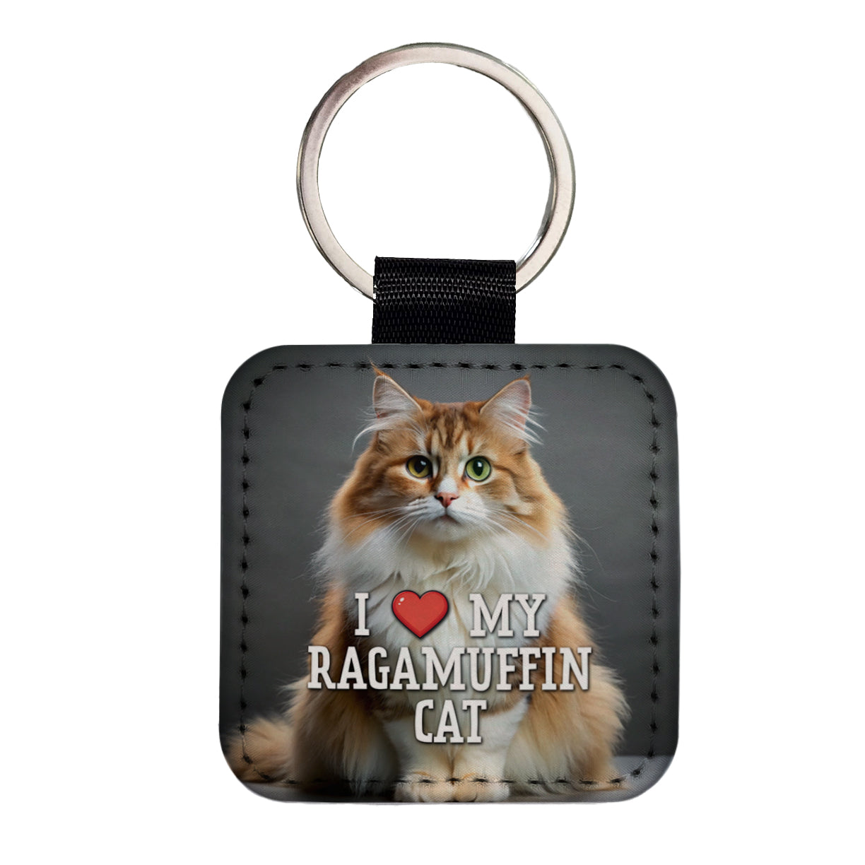 I Love My Ragamuffin Cat Heart Square Faux Leather Keychain