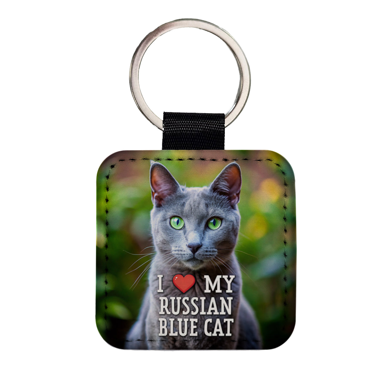I Love My Russian Blue Cat Heart Square Faux Leather Keychain