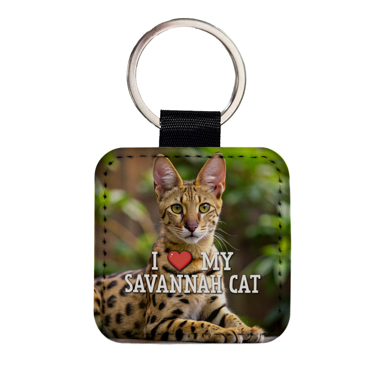 I Love My Savannah Cat Heart Square Faux Leather Keychain