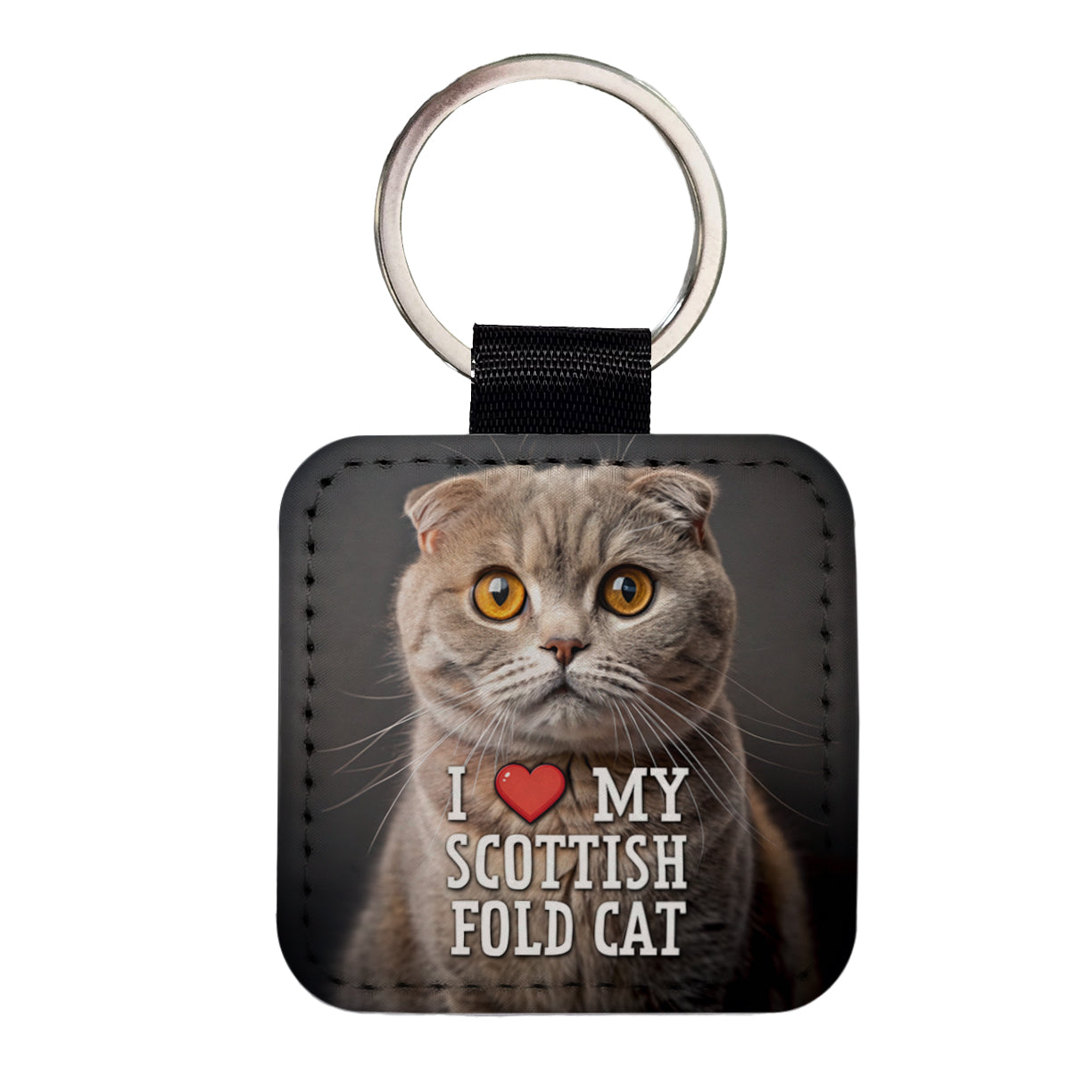 I Love My Scottish Fold Cat Heart Square Faux Leather Keychain