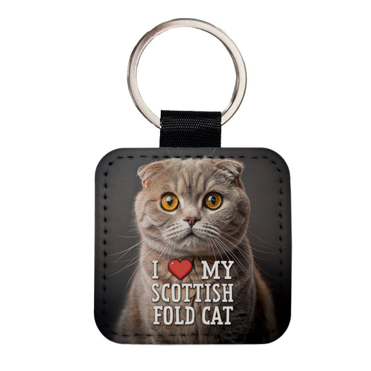 I Love My Scottish Fold Cat Heart Square Faux Leather Keychain