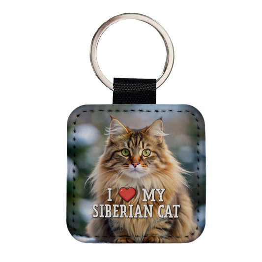 I Love My Siberian Cat Heart Square Faux Leather Keychain