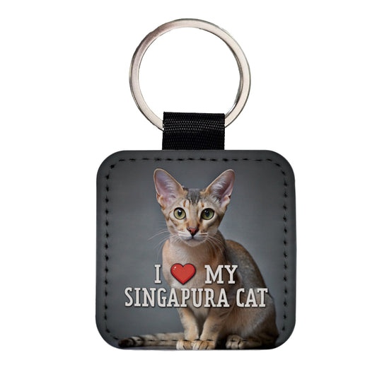 I Love My Singapura Cat Heart Square Faux Leather Keychain