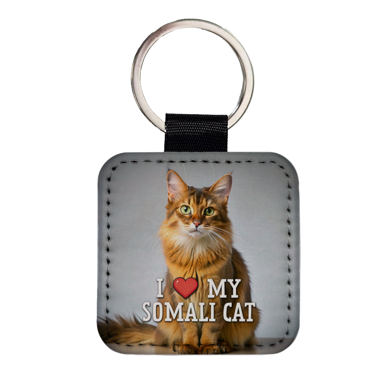 I Love My Somali Cat Heart Square Faux Leather Keychain