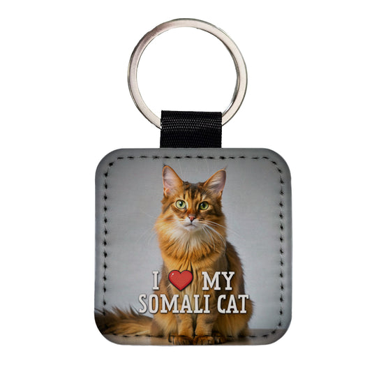 I Love My Somali Cat Heart Square Faux Leather Keychain