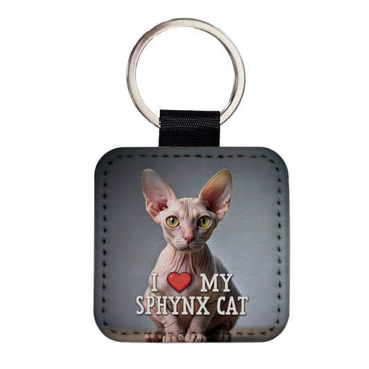 I Love My Sphynx Cat Heart Square Faux Leather Keychain