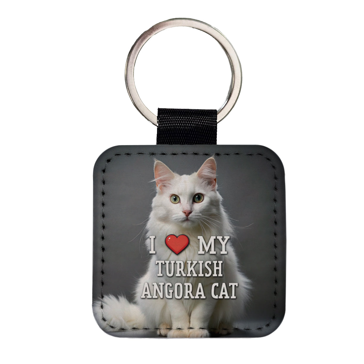 I Love My Turkish Angora Cat Heart Square Faux Leather Keychain