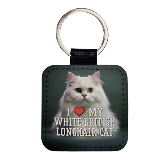 I Love My White British Longhair Cat Heart Square Faux Leather Keychain