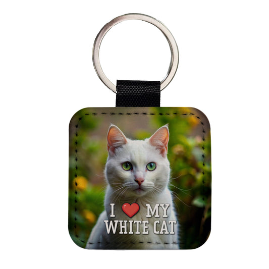 I Love My White Cat Heart Square Faux Leather Keychain