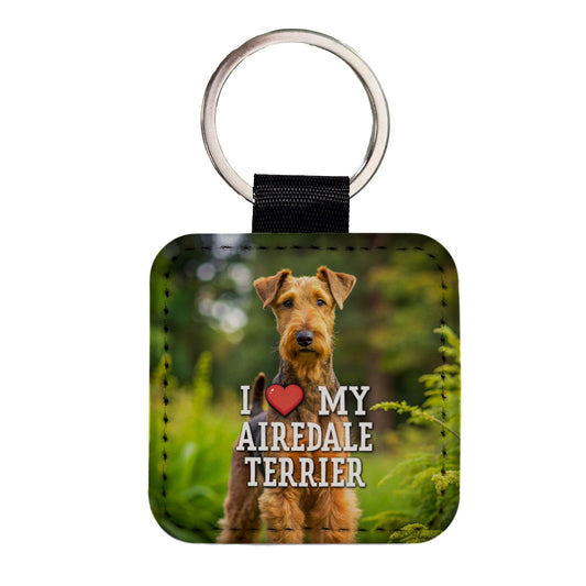 I Love My Airedale Terrier Dog Heart Square Faux Leather Keychain