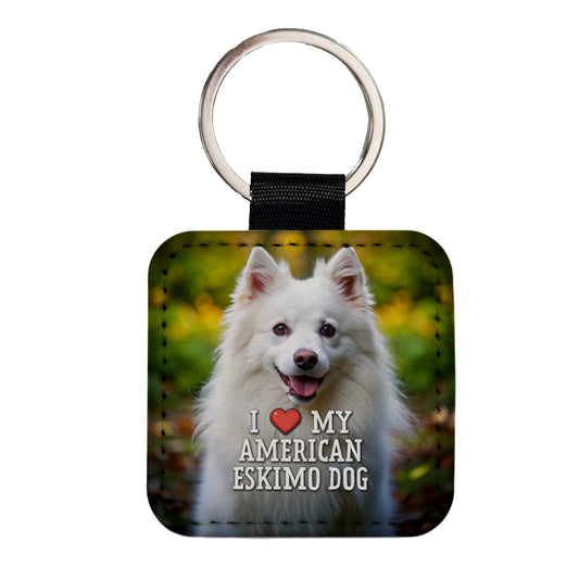 I Love My American Eskimo Dog Heart Square Faux Leather Keychain