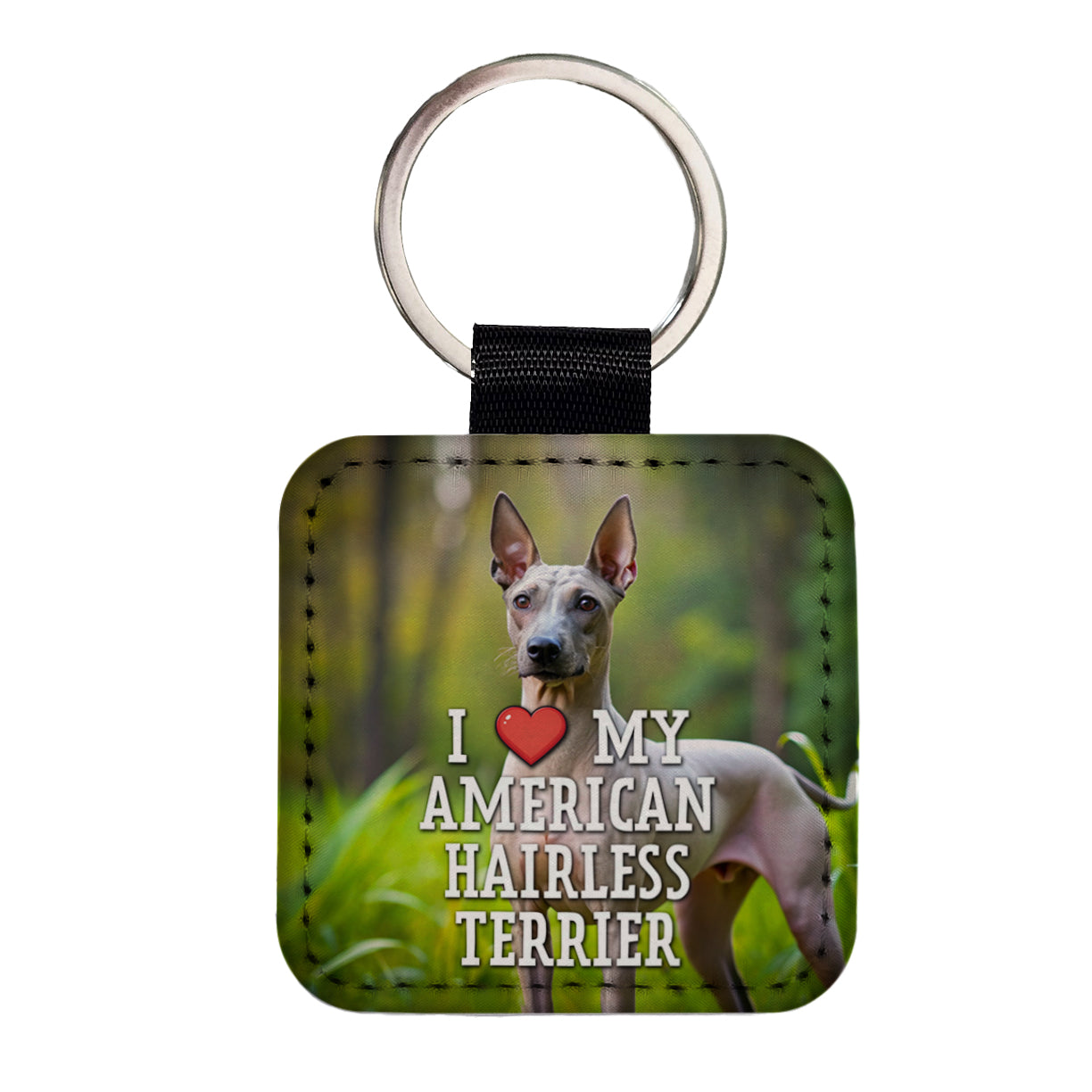 I Love My American Hairless Terrier Dog Heart Square Faux Leather Keychain