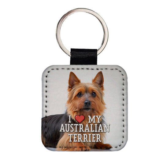 I Love My Australian Terrier Dog Heart Square Faux Leather Keychain