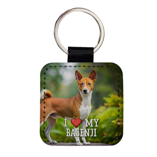 I Love My Basenji Dog Heart Square Faux Leather Keychain