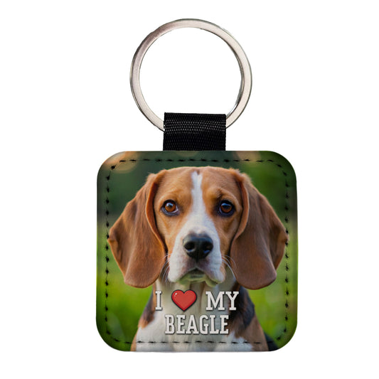 I Love My Beagle Dog Heart Square Faux Leather Keychain