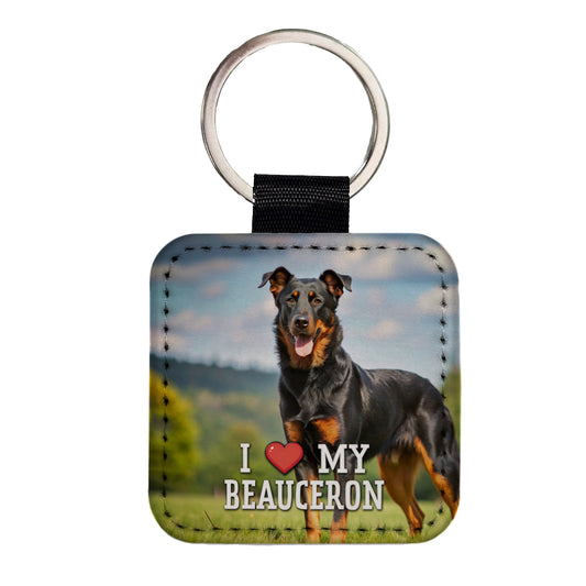 I Love My Beauceron Dog Heart Square Faux Leather Keychain