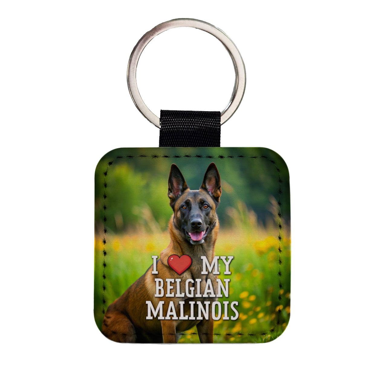 I Love My Belgian Malinois Dog Heart Square Faux Leather Keychain