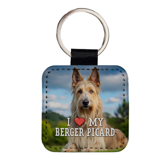 I Love My Berger Picard Dog Heart Square Faux Leather Keychain